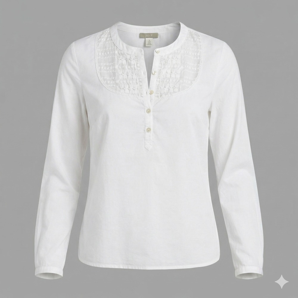 J.Crew Embroidered Lace Yoke Cotton Henley Blouse White Small
